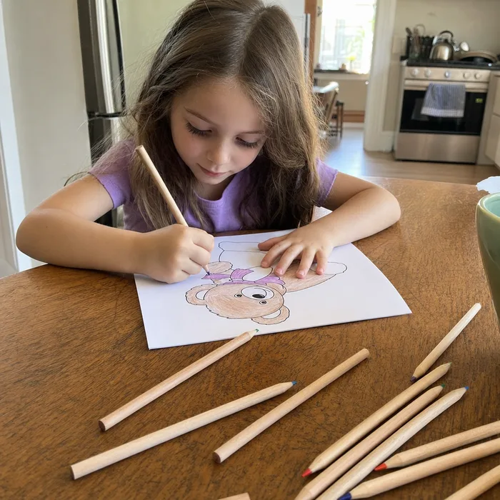 A child coloring a teddy bear page with crayons
