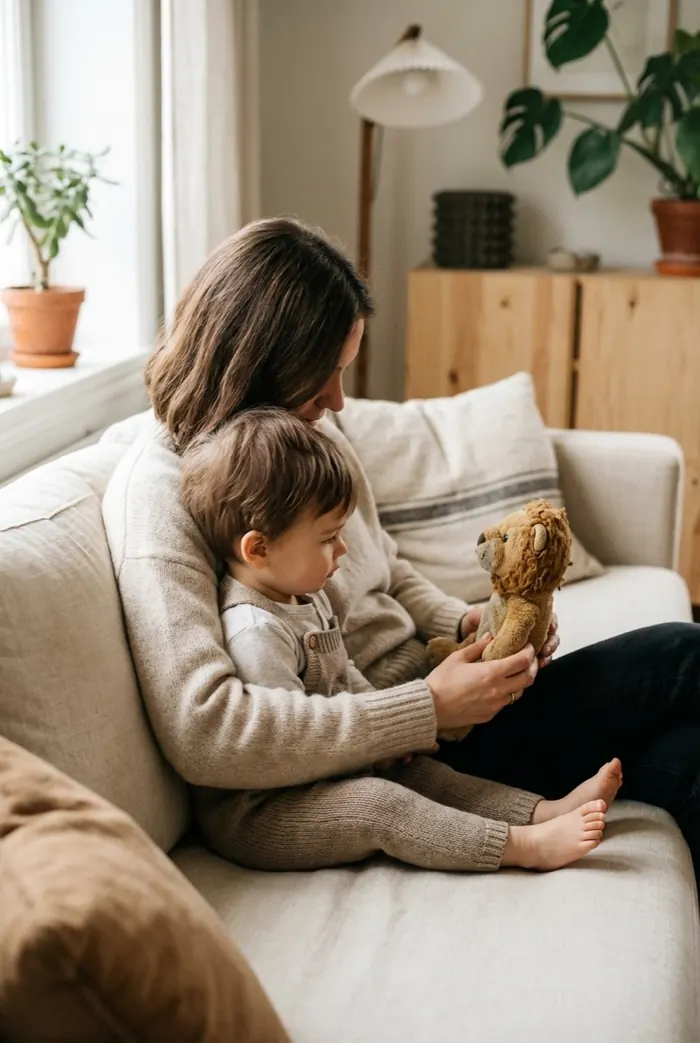 A parent and child looking at a favorite plush toy
