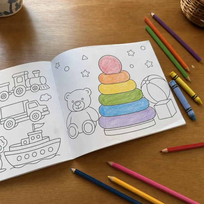 A teddy bear drawing surrounded by rainbow colored pencils