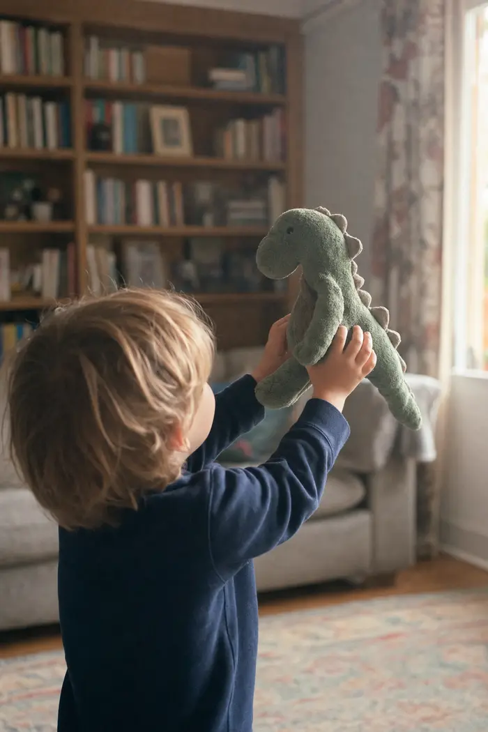 A child holding up a plush dinosaur toy