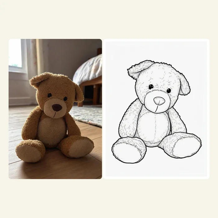 A teddy bear next to a clean teddy bear coloring page