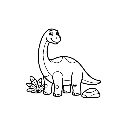 Friendly brontosaurus beside a prehistoric plant and rock free coloring page