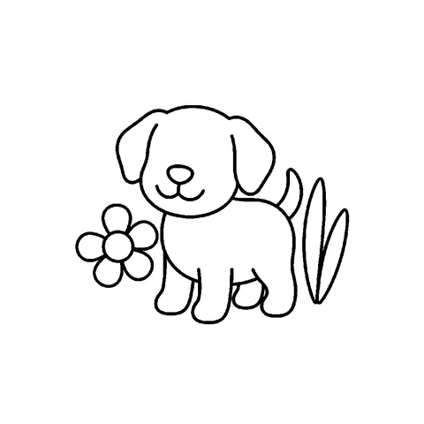 Playful puppy beside a flower and tall garden leaves free coloring page