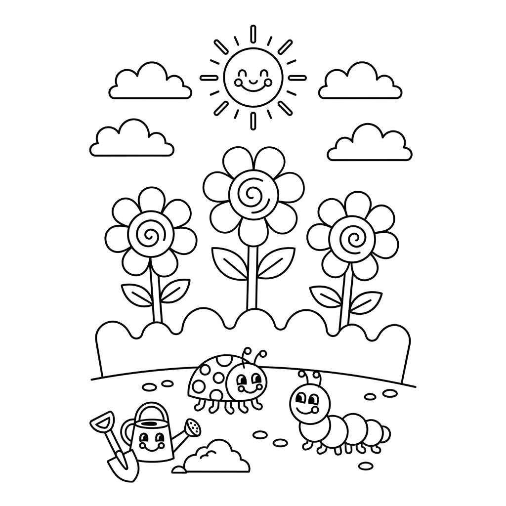 Garden Scene free flowers & nature coloring page line art