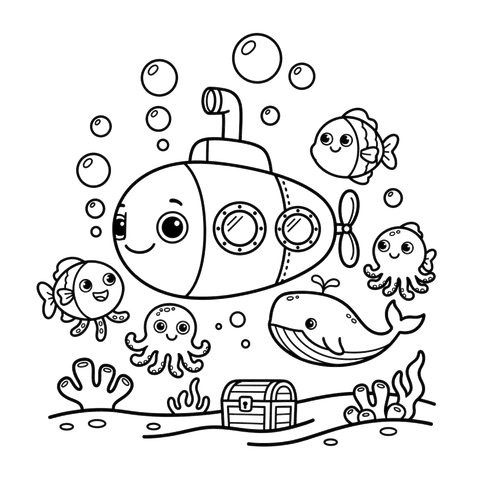 Submarine Adventure free under the sea coloring page line art
