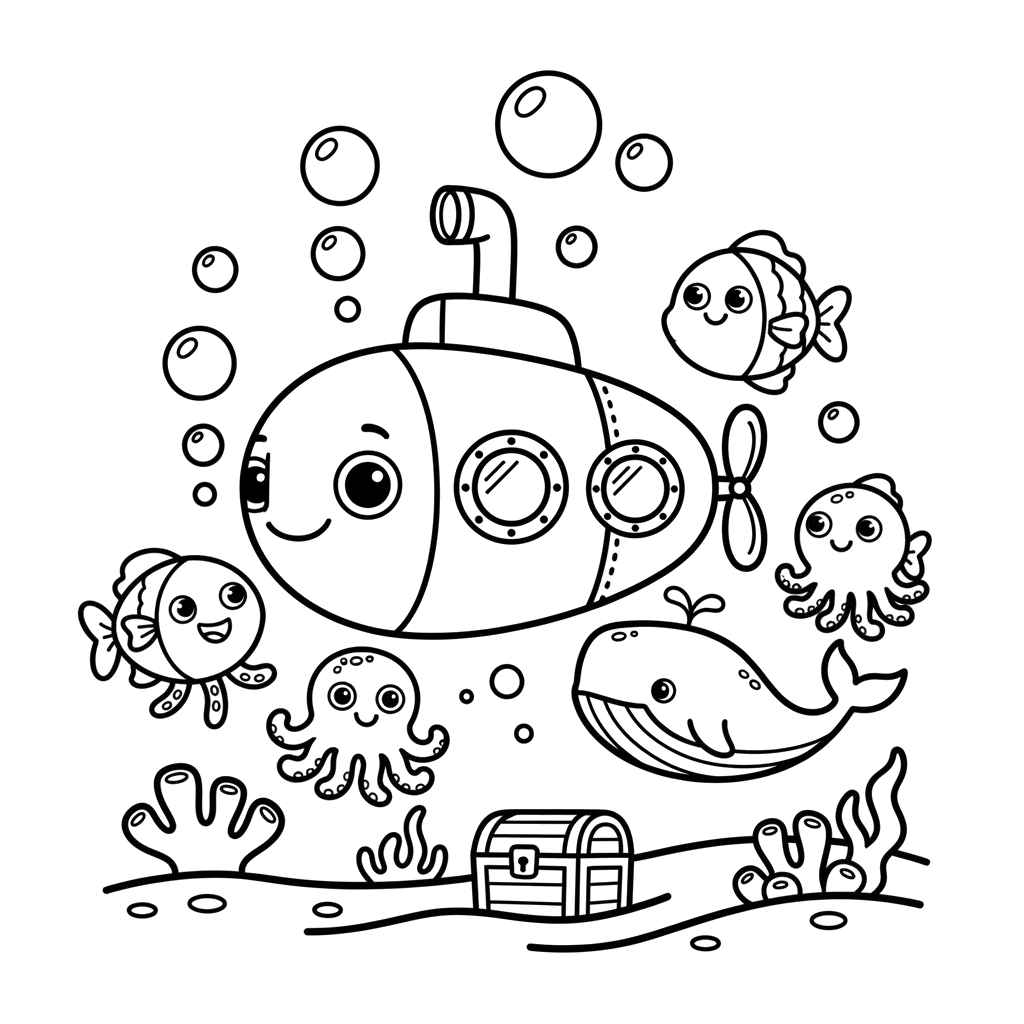 Submarine Adventure free under the sea coloring page line art