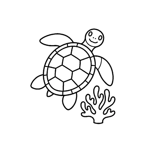 Smiling sea turtle swimming beside simple coral free coloring page